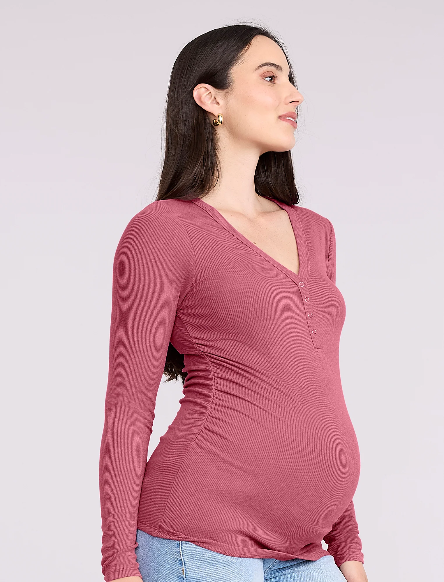 Side Ruched Long Sleeve Henley Maternity Rib Tee - Fallshirt