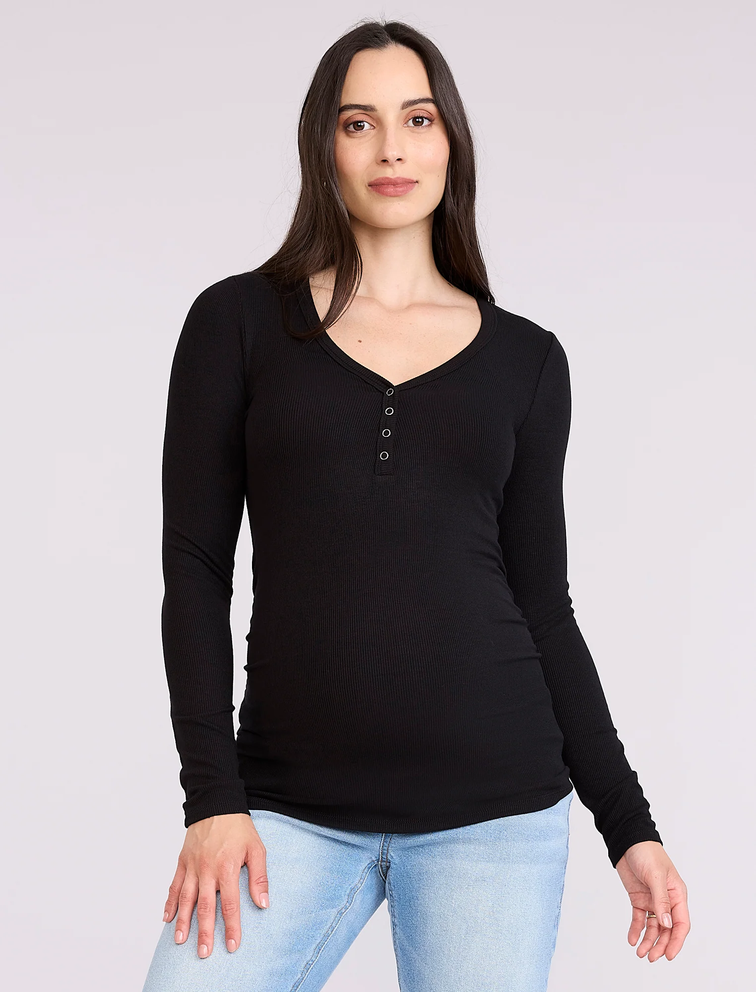 Side Ruched Long Sleeve Henley Maternity Rib Tee - Fallshirt