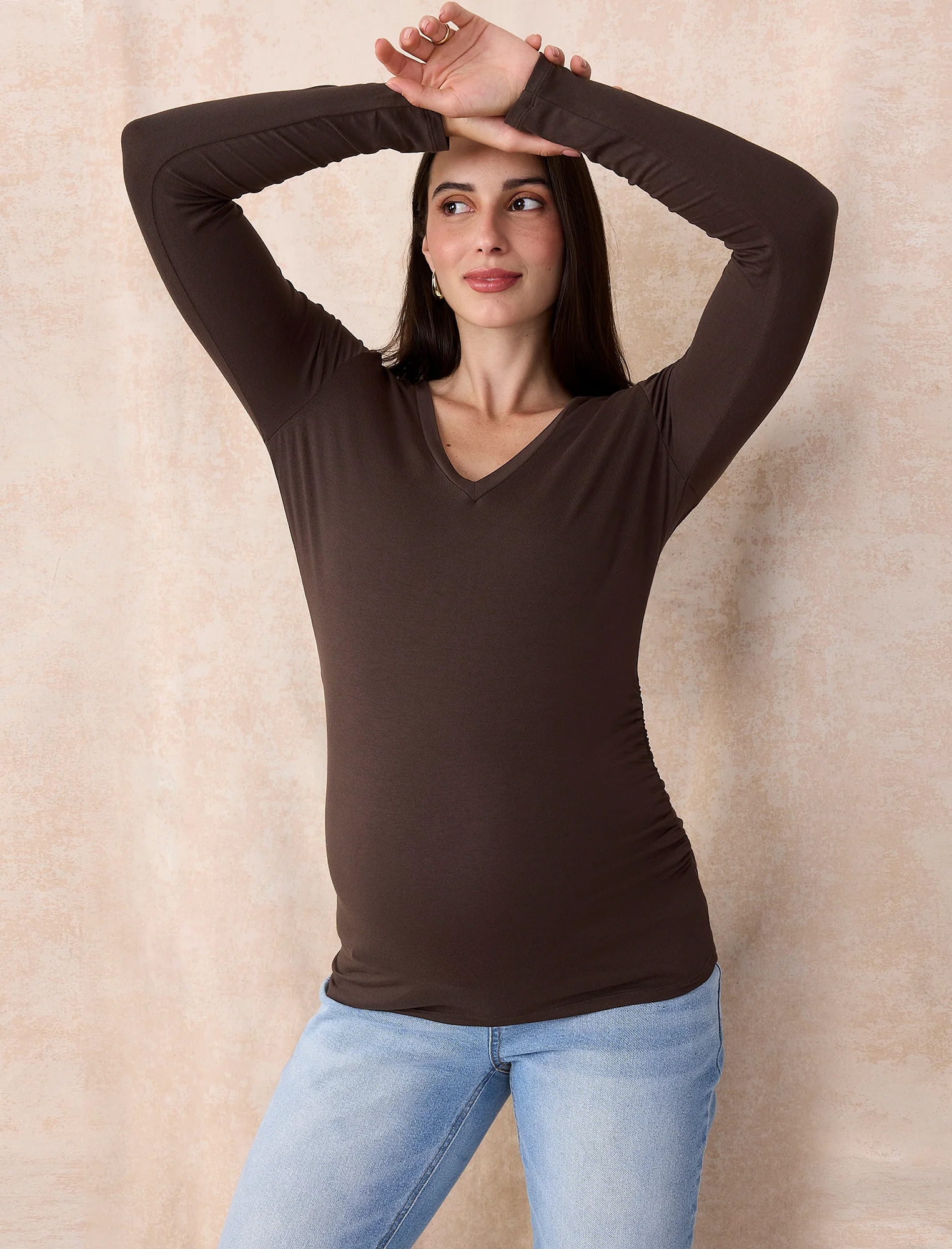 Side Ruched Long Sleeve V-Neck Maternity Tee - Fallshirt